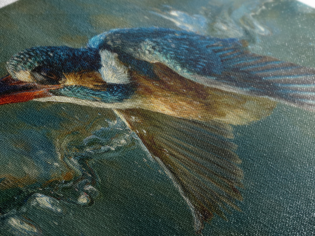 Kingfisher Diving Toward Blue Water Canvas Print, Bird Art, Farmhouse Decor, Living Room Decor, Flight, Digital Download Art, BIR-3x1-75