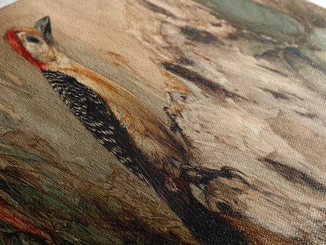 Woodpecker on Birch Bark Texture Canvas Print, Bird Art, Digital Download Art, Living Room Decor, Oil Painting, Flight, BIR-3x1-85