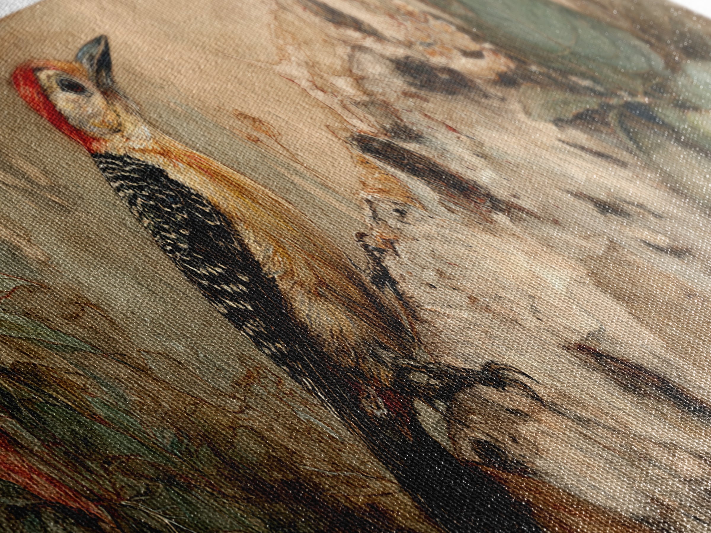 Woodpecker on Birch Bark Texture Canvas Print, Bird Art, Digital Download Art, Living Room Decor, Oil Painting, Flight, BIR-3x1-85