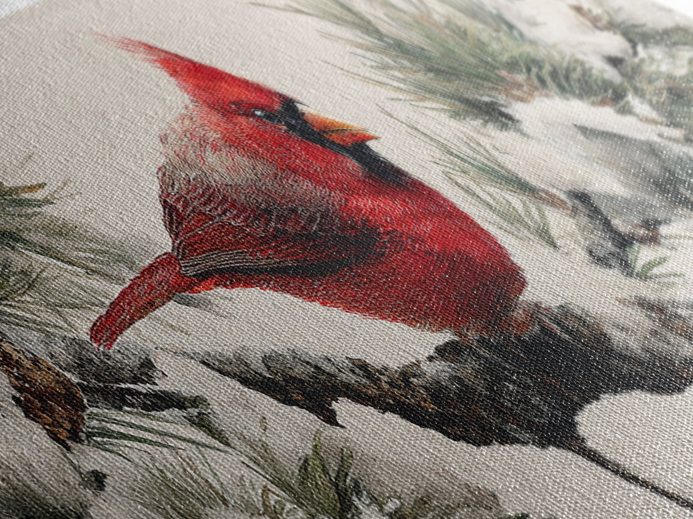 Red Cardinal on Snowy Pine Branch Framed Canvas Print, Bird Art, Floral Art, Living Room Decor, Fine Art, Flight, BIR-3x1-89