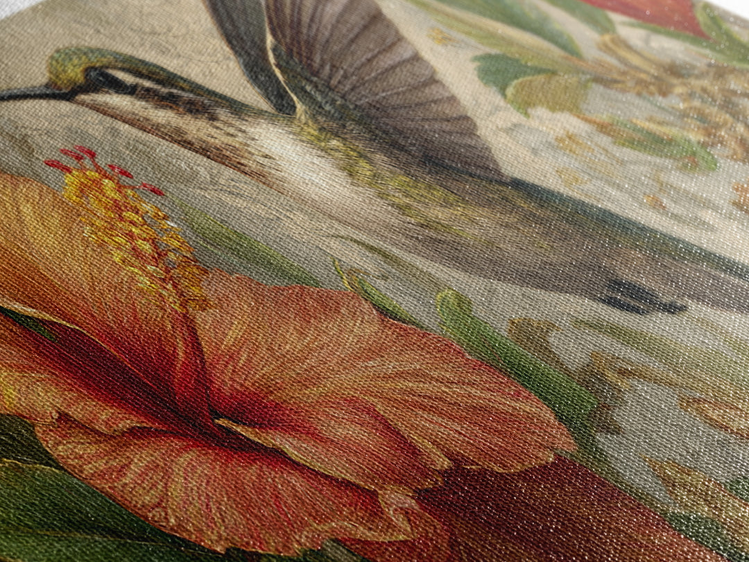 Hummingbird Hovering Beside Bright Hibiscus Canvas Print, Bird Art, Mid Century Modern, Living Room Decor, Oil Painting, Flight, BIR-3x1-92