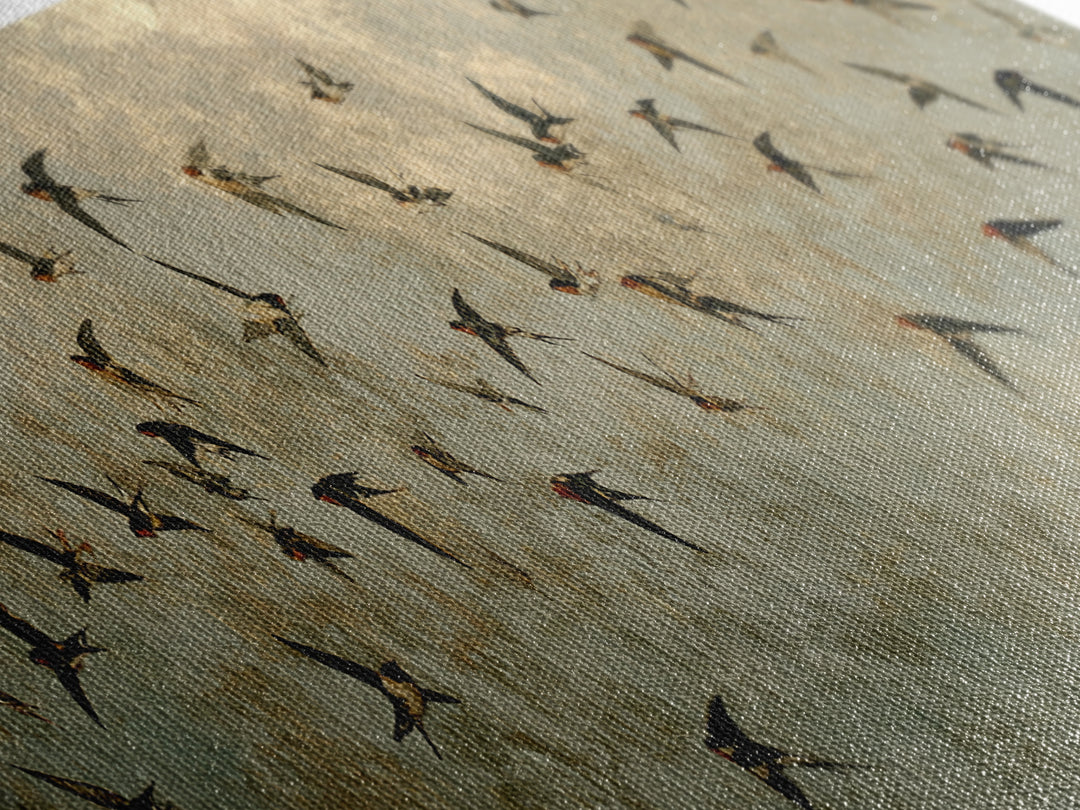 Flock of Swallows Sweeping Across Open Sky Canvas Print, Bird Art, Botanical Wall Art, Living Room Decor, Watercolor Art, BIR-3x1-94
