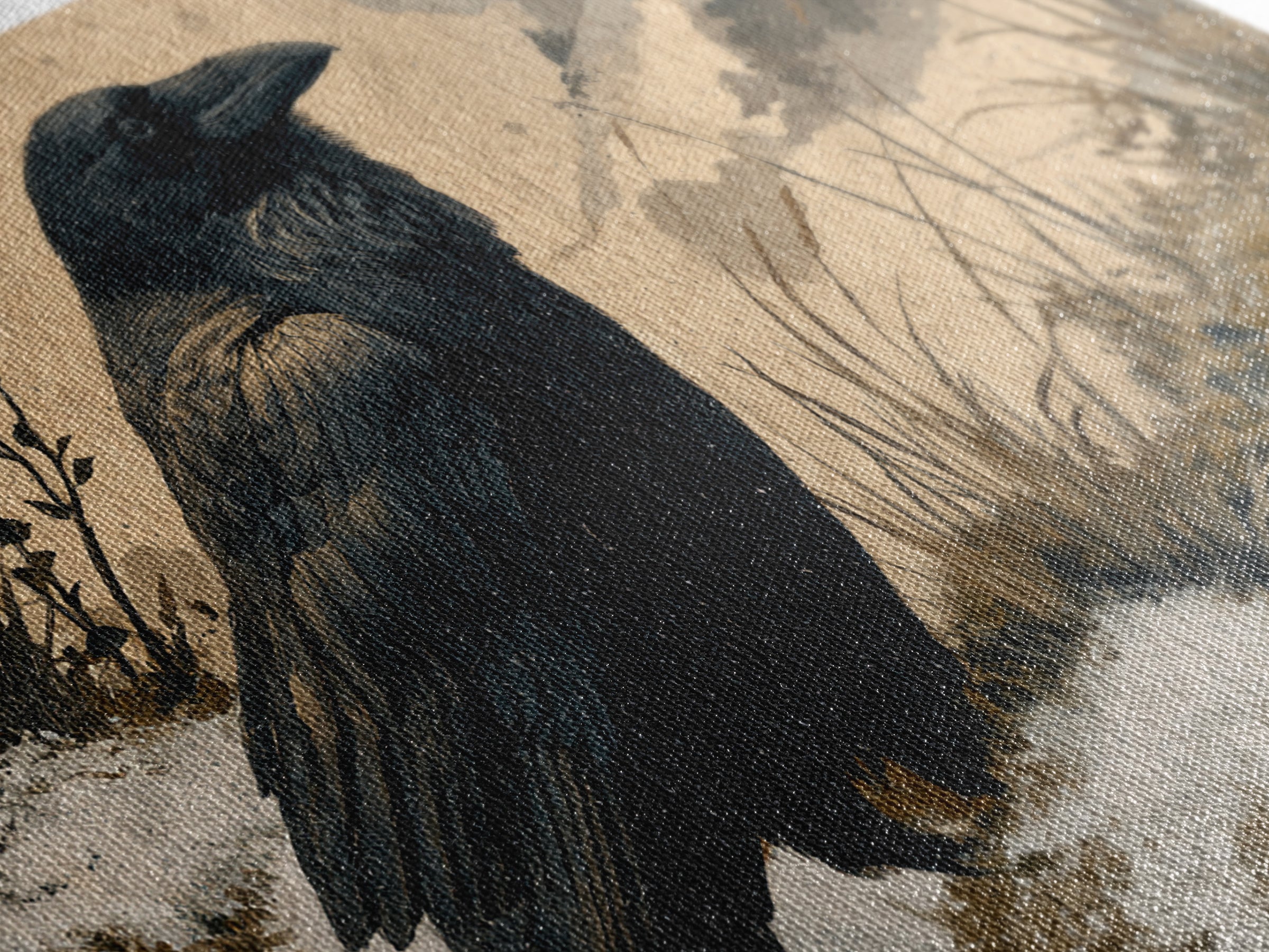 Raven Silhouette with Gothic Atmosphere Framed Canvas Print, Bird Art, Living Room Decor, Watercolor Art, Flight, BIR-3x2-13