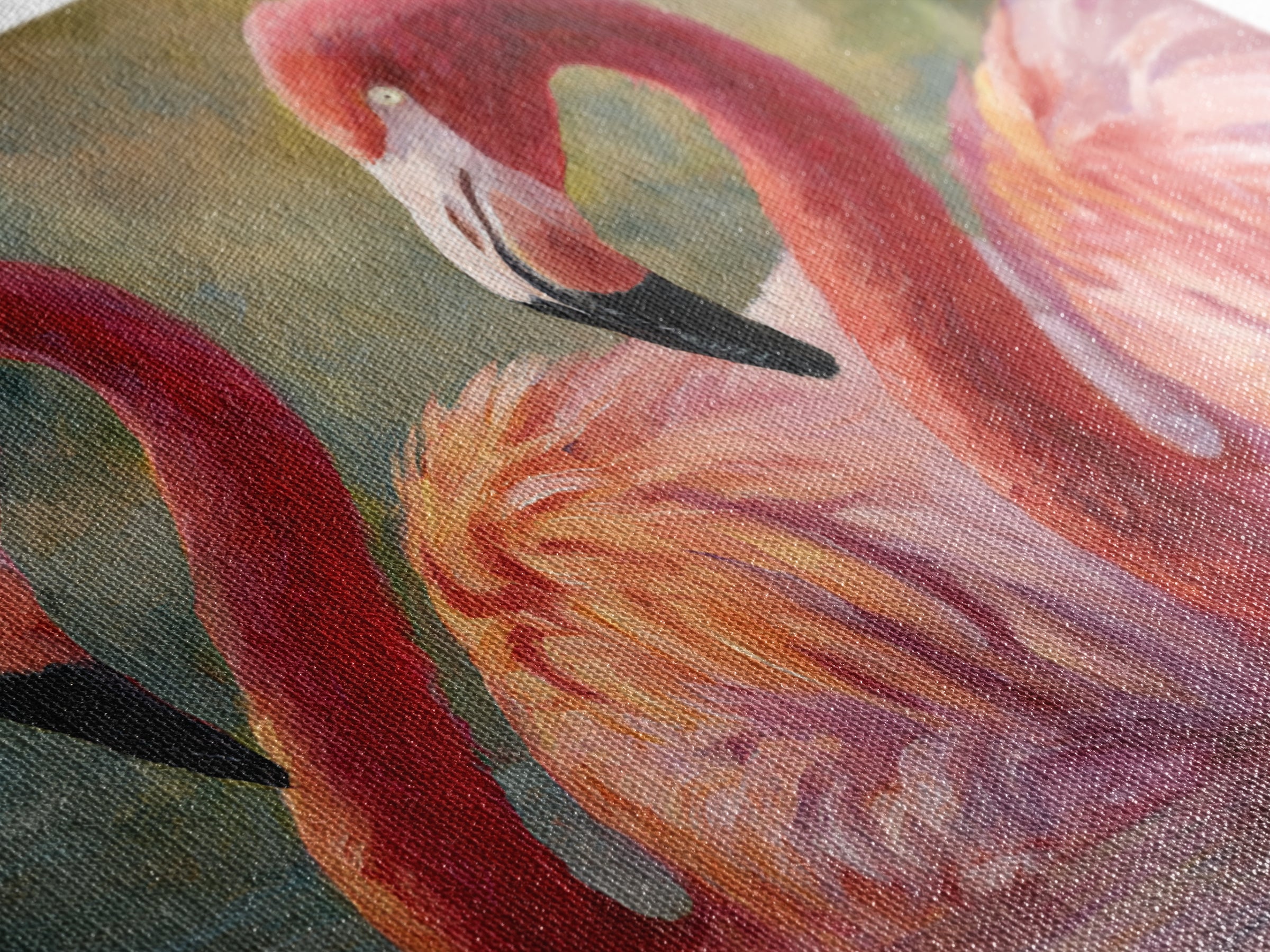 Flamingo Pair in Coral Water Reflections Framed Canvas Print, Bird Art, Original Art, Living Room Decor, Fine Art, Flight, BIR-3x2-14