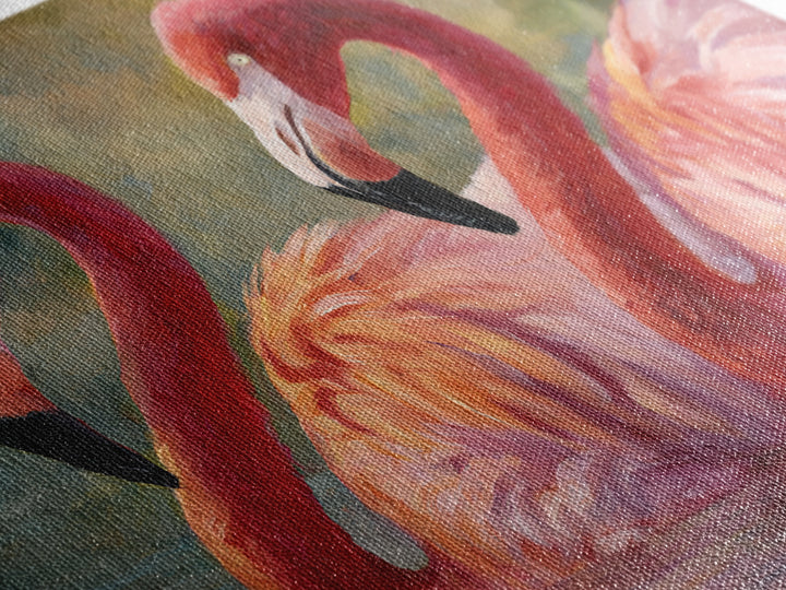 Flamingo Pair in Coral Water Reflections Framed Canvas Print, Bird Art, Original Art, Living Room Decor, Fine Art, Flight, BIR-3x2-14