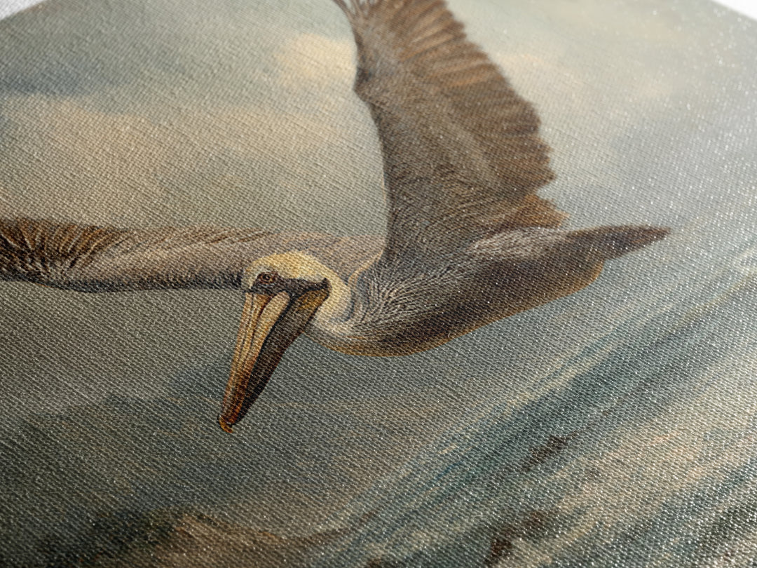 Pelican Flying over Coastal Waves Canvas Print, Bird Art, Printable Art, Living Room Decor, Oil Painting, Flight, BIR-3x2-22