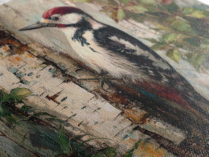 Woodpecker on Birch Bark Texture Framed Canvas Print, Bird Art, Gallery Wall, Living Room Decor, Abstract Art, Flight, BIR-3x2-25