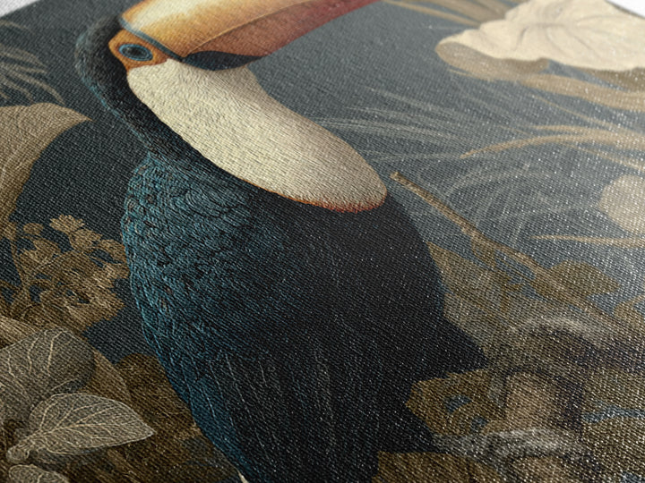 Toucan Framed by Bold Jungle Foliage Framed Canvas Print, Bird Art, Mcm Decor, Living Room Decor, Flight, Neutral Decor, BIR-3x2-27