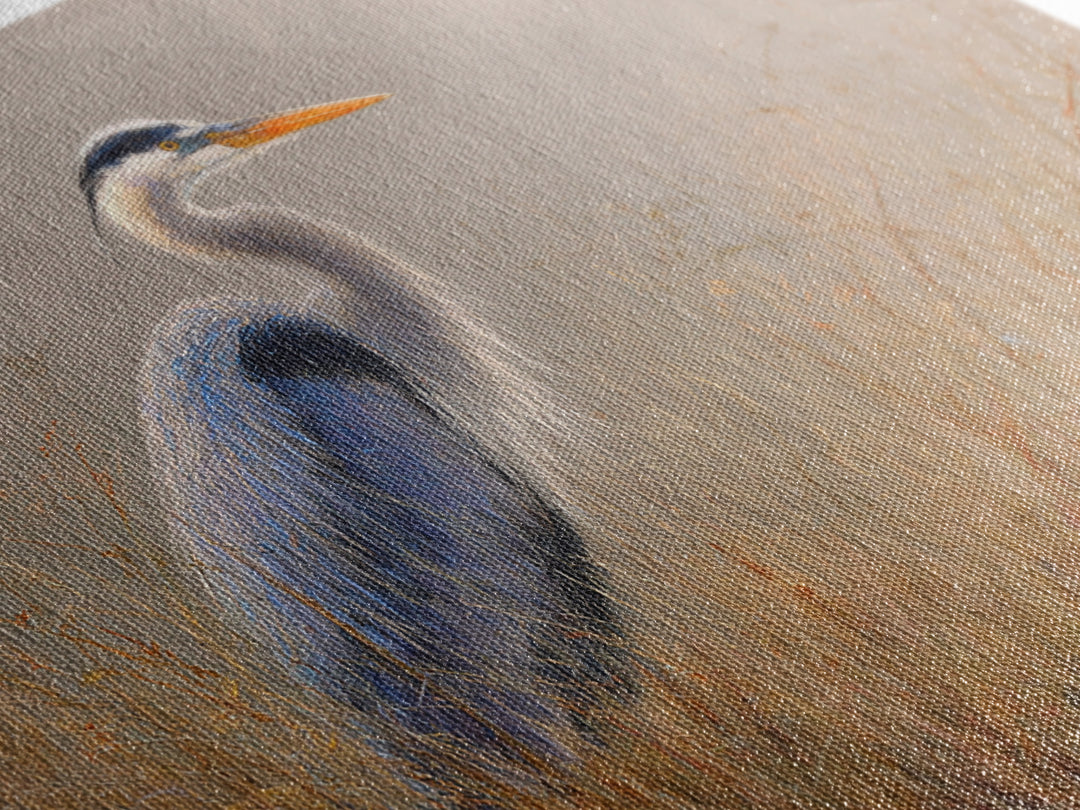 Blue Heron in Misty Marsh Grass Canvas Print, Bird Art, Modern Art, Living Room Decor, Flight, Floral Art, Forest Wall Art, BIR-3x2-30