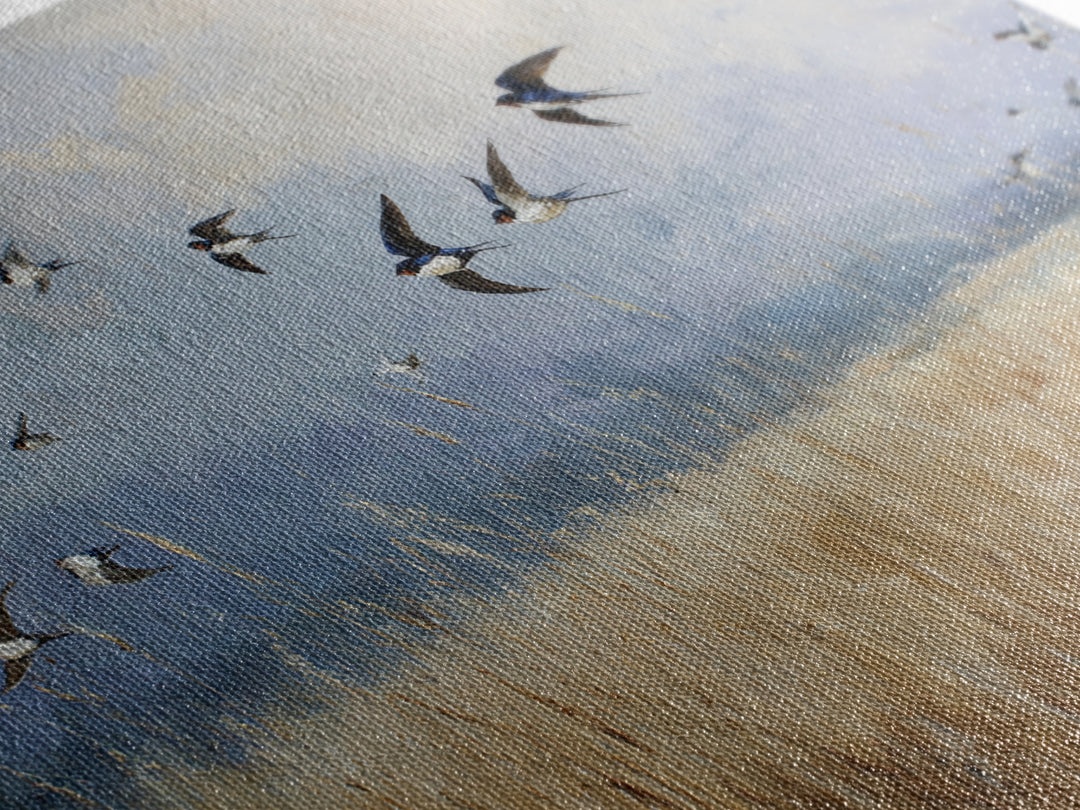 Flock of Swallows Sweeping Across Open Sky Canvas Print, Bird Art, Botanical Wall Art, Living Room Decor, Watercolor Art, BIR-3x2-34