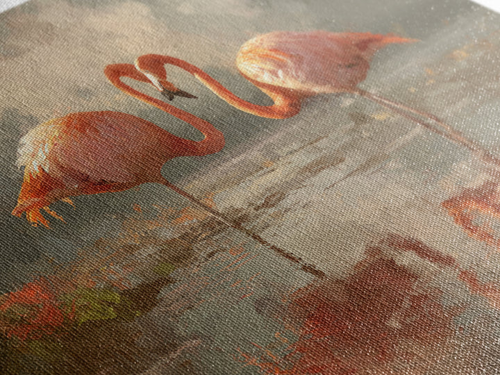 Flamingo Pair in Coral Water Reflections Canvas Print, Bird Art, Japanese Wall Art, Living Room Decor, Fine Art, Flight, BIR-3x2-38