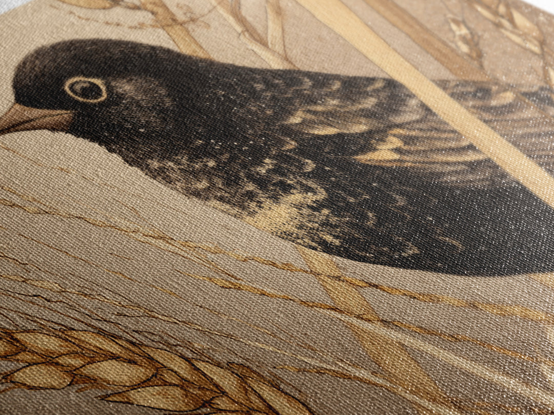 Blackbird on Gold Wheat Field Canvas Print, Bird Art, Mid Century Modern, Living Room Decor, Oil Painting, Flight, BIR-3x2-4