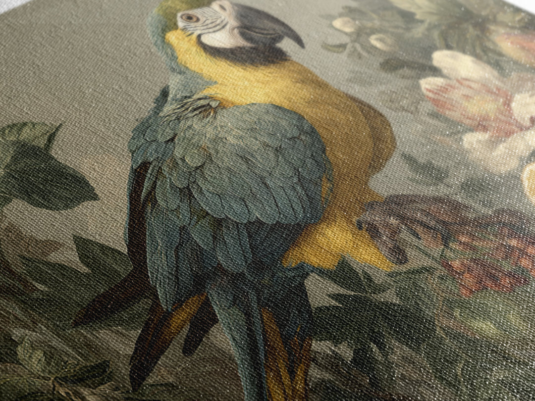 Parrot Among Tropical Leaves and Fruit Framed Canvas Print, Bird Art, Digital Download Art, Living Room Decor, Watercolor Art, BIR-3x2-41