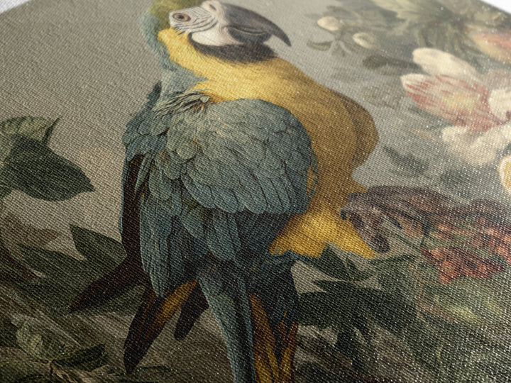 Parrot Among Tropical Leaves and Fruit Framed Canvas Print, Bird Art, Digital Download Art, Living Room Decor, Watercolor Art, BIR-3x2-41