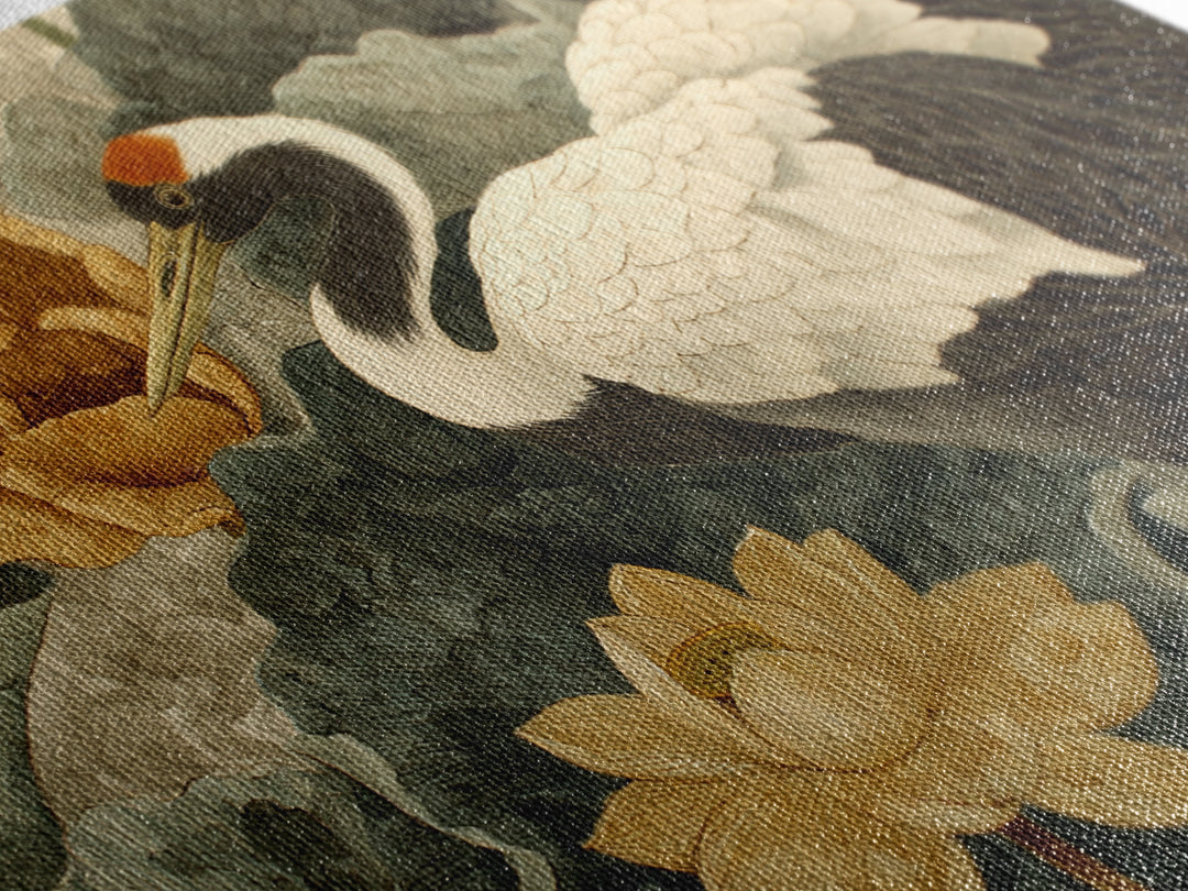 Crane and Lotus Composition Framed Canvas Print, Bird Art, Nature Prints, Living Room Decor, Fine Art, Flight, Boho Decor, BIR-3x2-45