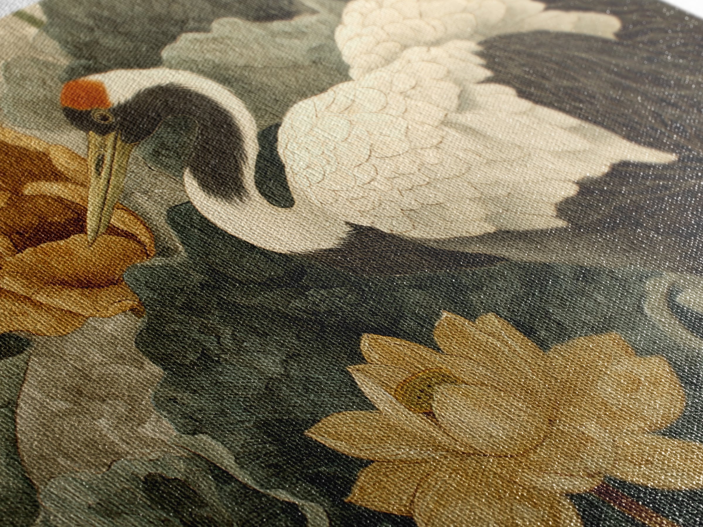 Crane and Lotus Composition Framed Canvas Print, Bird Art, Nature Prints, Living Room Decor, Fine Art, Flight, Boho Decor, BIR-3x2-45