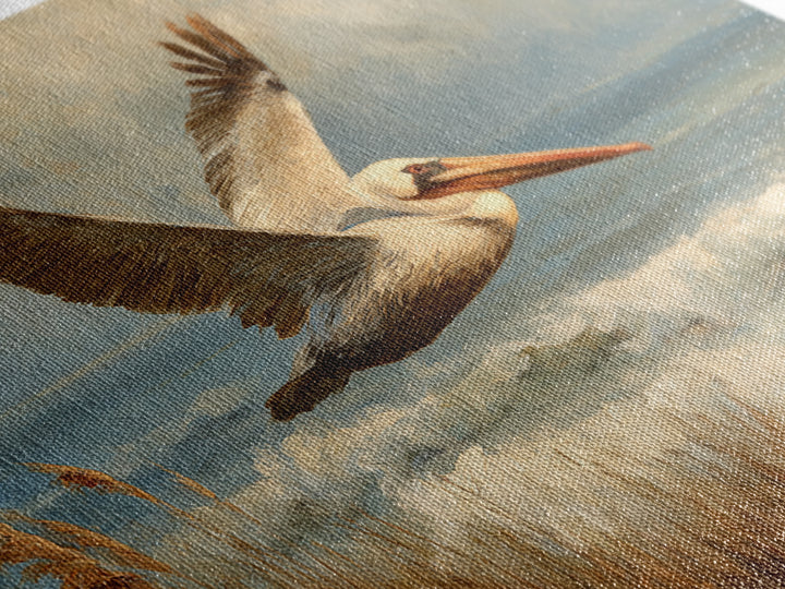Pelican Flying over Coastal Waves Framed Canvas Print, Bird Art, Boho Wall Decor, Living Room Decor, Fine Art, Flight, BIR-3x2-46