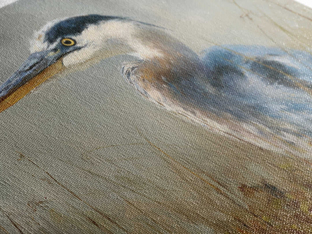 Blue Heron in Misty Marsh Grass Canvas Print, Bird Art, Modern Art, Living Room Decor, Flight, Floral Art, Forest Wall Art, BIR-3x2-54