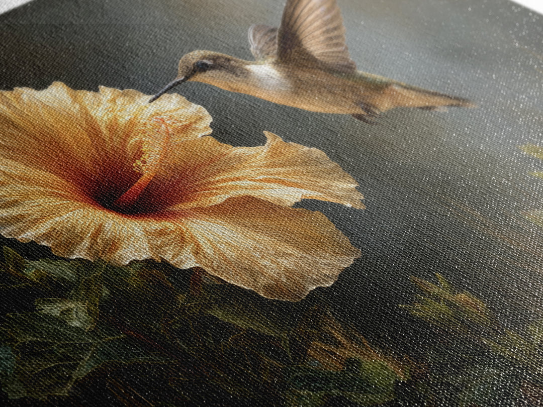 Hummingbird Hovering Beside Bright Hibiscus Canvas Print, Bird Art, Floral Art, Living Room Decor, Fine Art, Flight, BIR-3x2-56