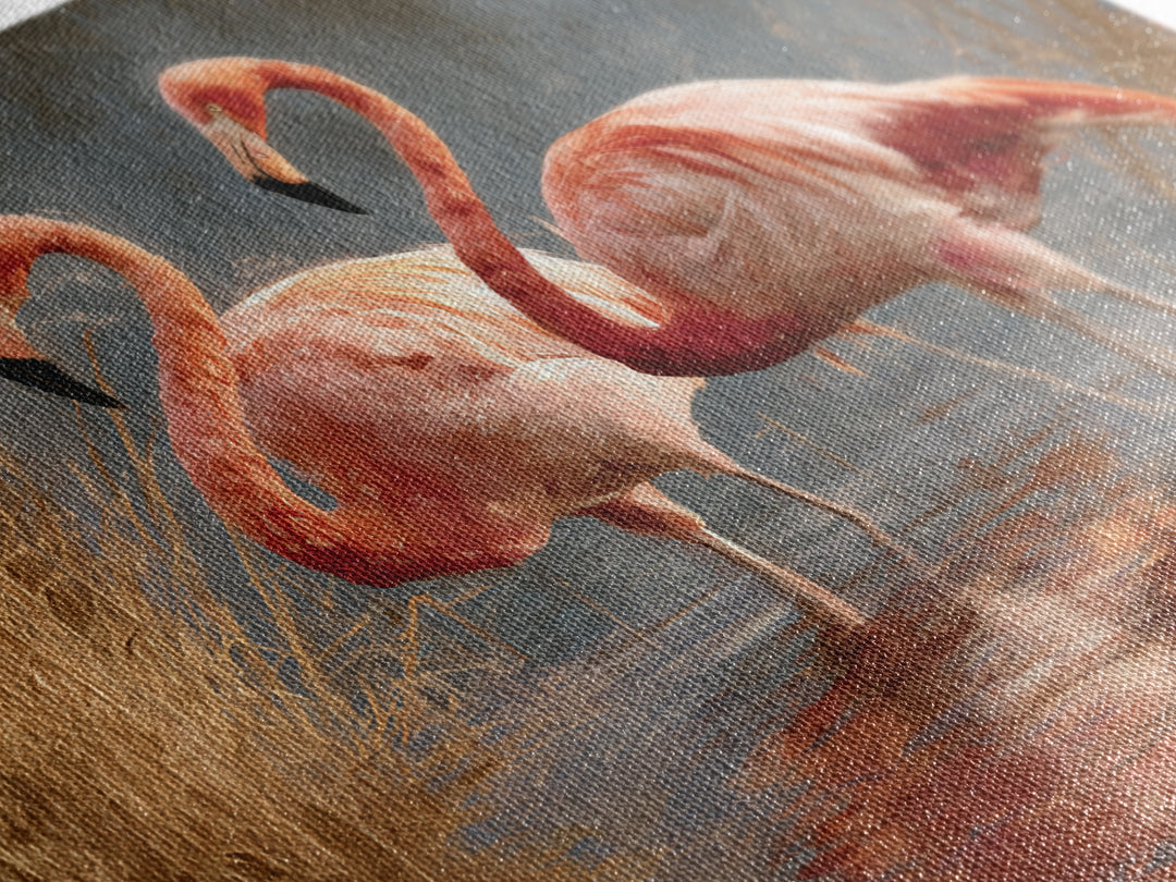 Flamingo Pair in Coral Water Reflections Canvas Print, Bird Art, Japanese Wall Art, Living Room Decor, Fine Art, Flight, BIR-3x2-62
