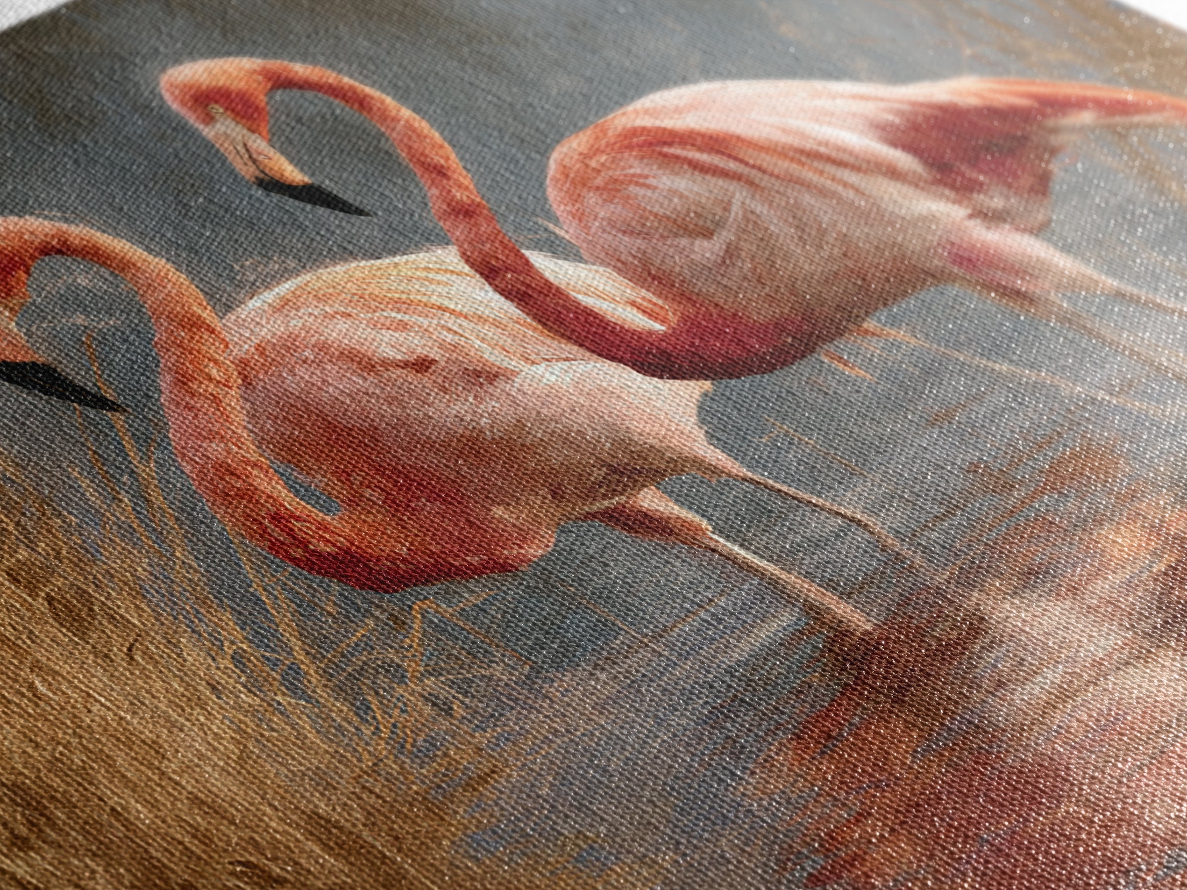 Flamingo Pair in Coral Water Reflections Canvas Print, Bird Art, Japanese Wall Art, Living Room Decor, Fine Art, Flight, BIR-3x2-62