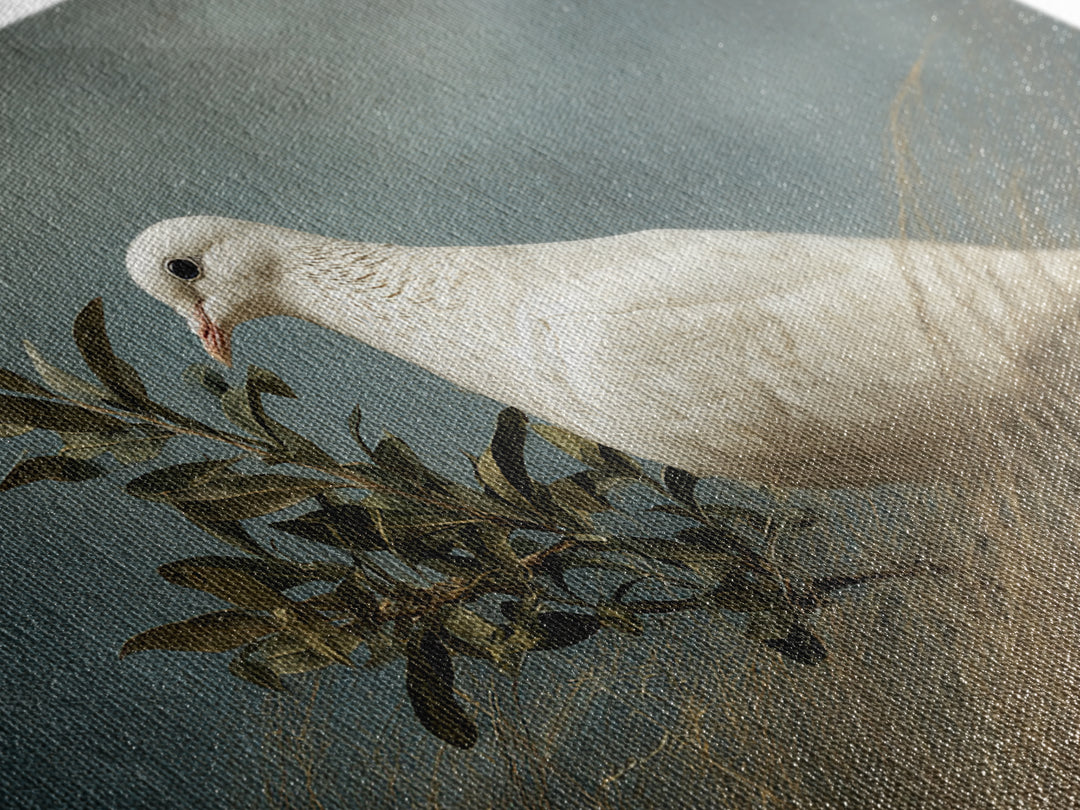 White Dove with Olive Branch and Calm Canvas Print, Bird Art, Neutral Decor, Living Room Decor, Oil Painting, Flight, BIR-3x2-68