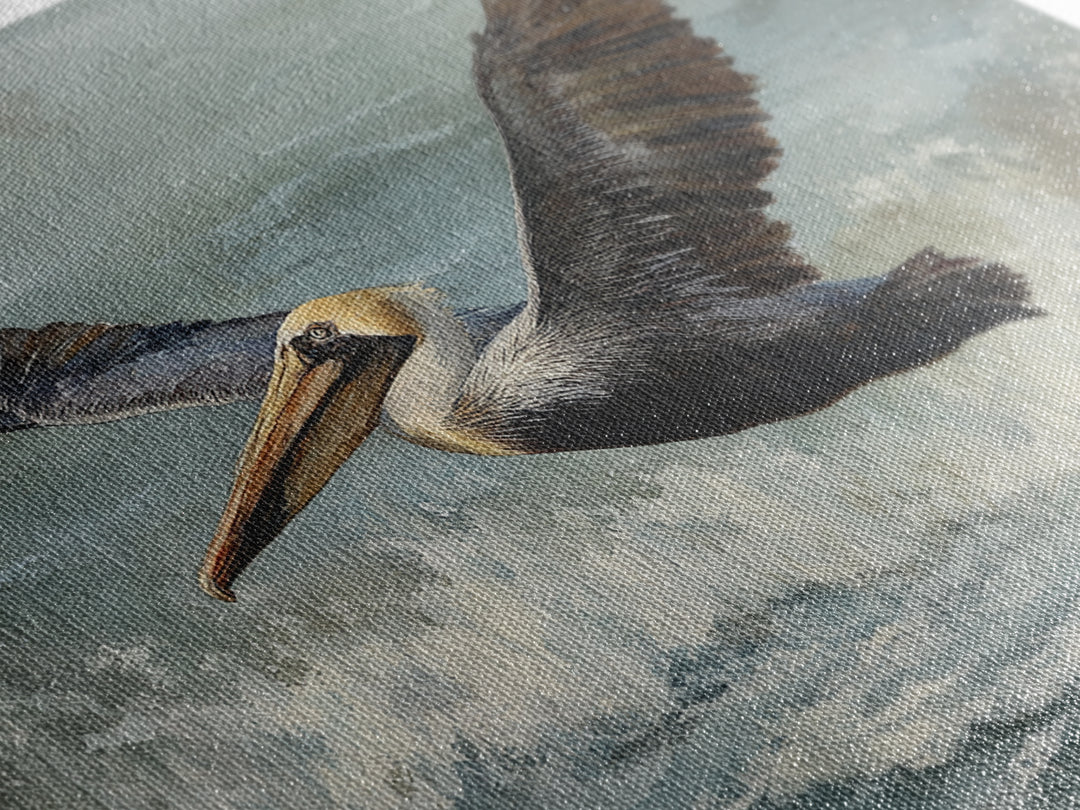 Pelican Flying over Coastal Waves Framed Canvas Print, Bird Art, Boho Wall Decor, Living Room Decor, Fine Art, Flight, BIR-3x2-70