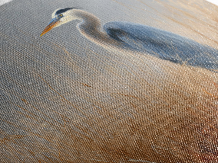 Blue Heron in Misty Marsh Grass Framed Canvas Print, Bird Art, Digital Download Art, Living Room Decor, Fine Art, Flight, BIR-3x2-78