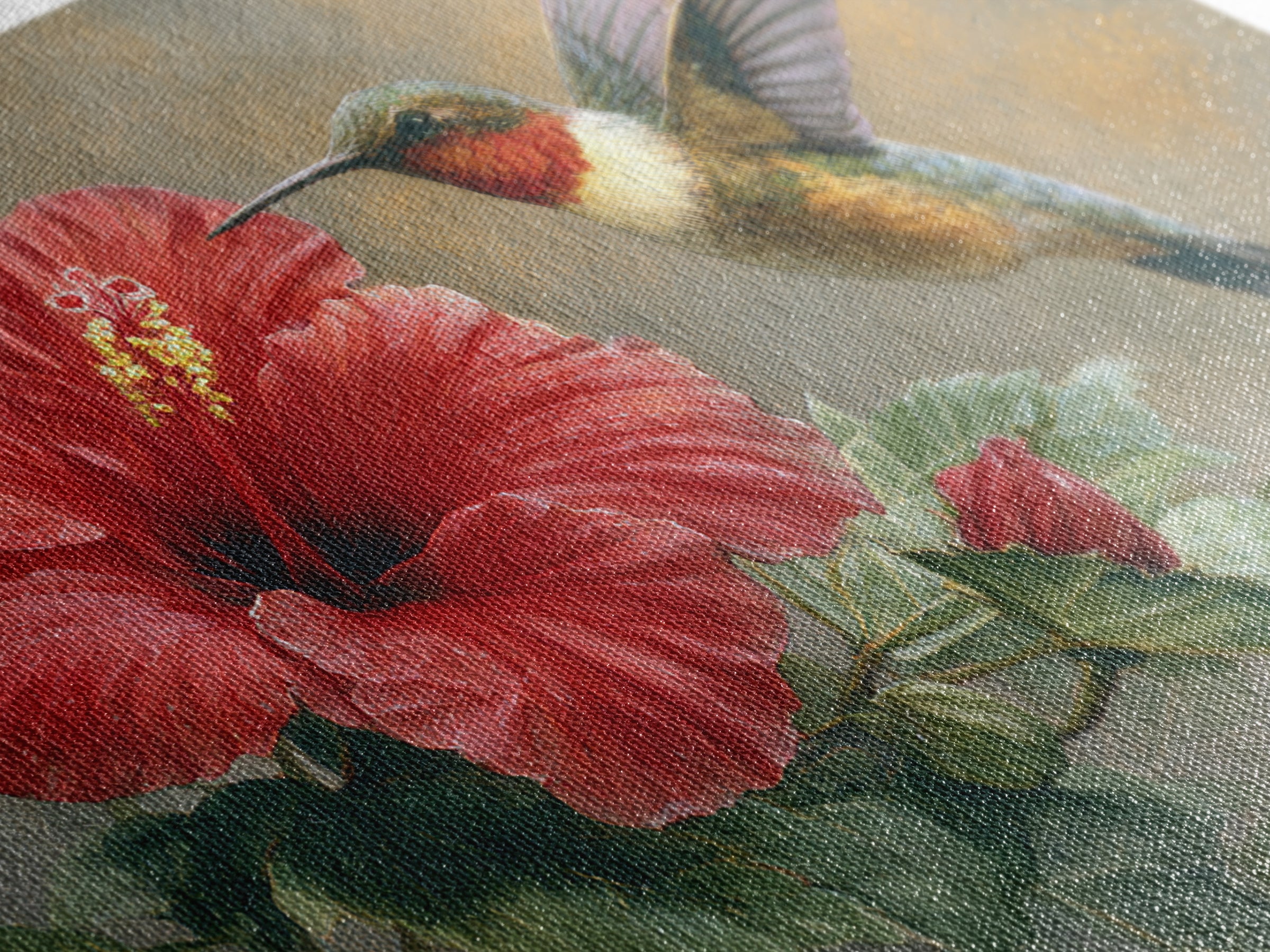 Hummingbird Hovering Beside Bright Hibiscus Framed Canvas Print, Bird Art, Watercolor Painting, Living Room Decor, Oil Painting, BIR-3x2-8
