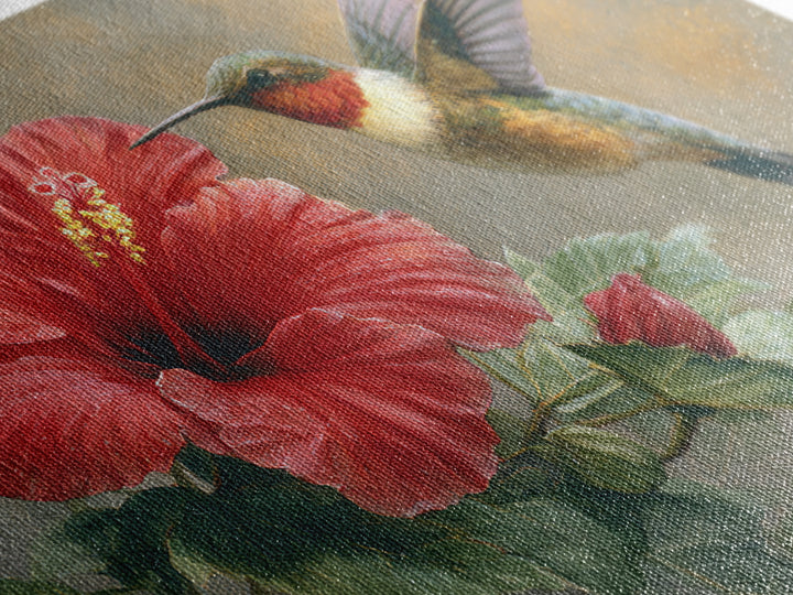 Hummingbird Hovering Beside Bright Hibiscus Framed Canvas Print, Bird Art, Watercolor Painting, Living Room Decor, Oil Painting, BIR-3x2-8