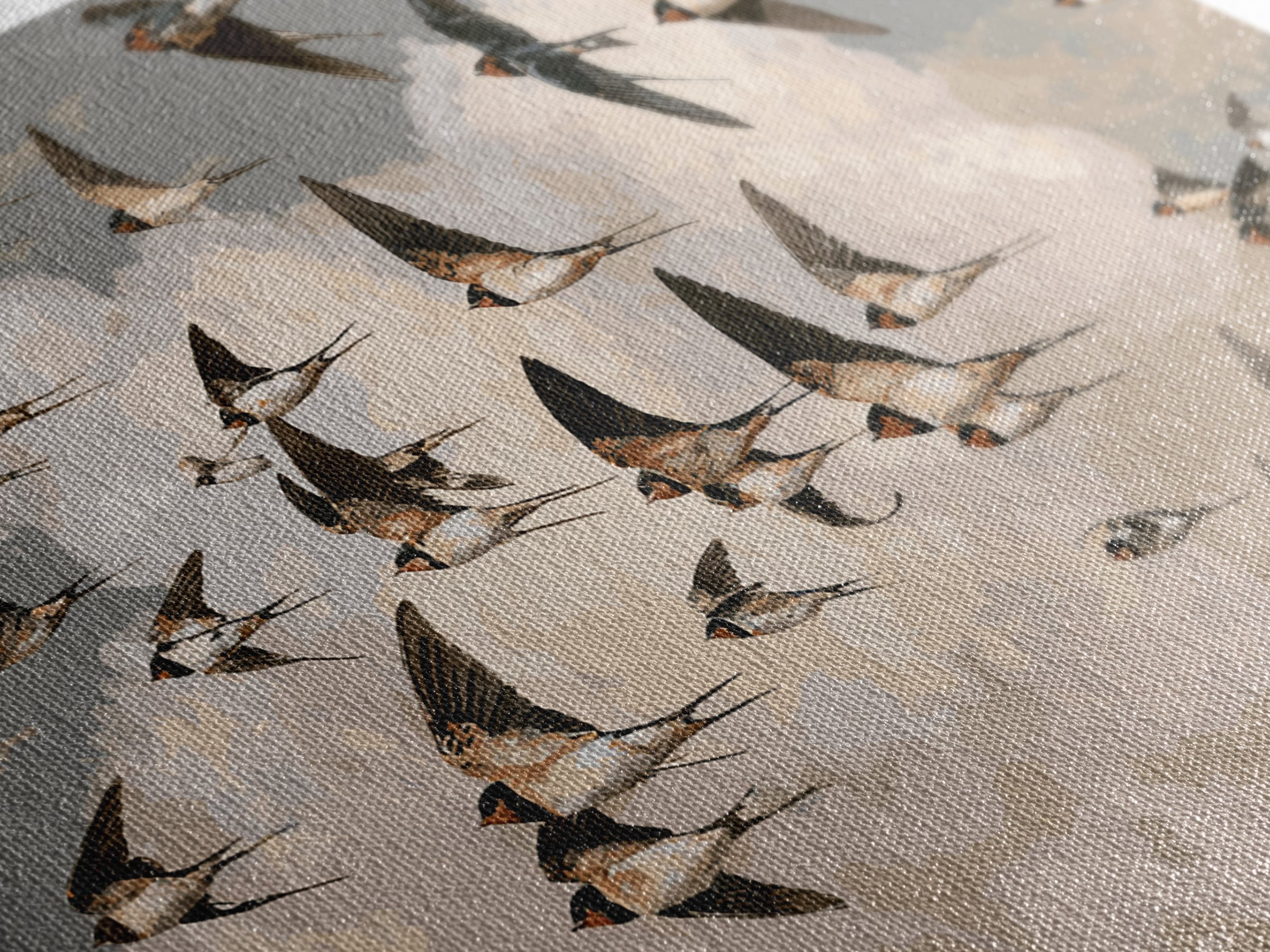 Flock of Swallows Sweeping Across Open Sky Framed Canvas Print, Bird Art, Nature Prints, Living Room Decor, Oil Painting, BIR-3x2-82