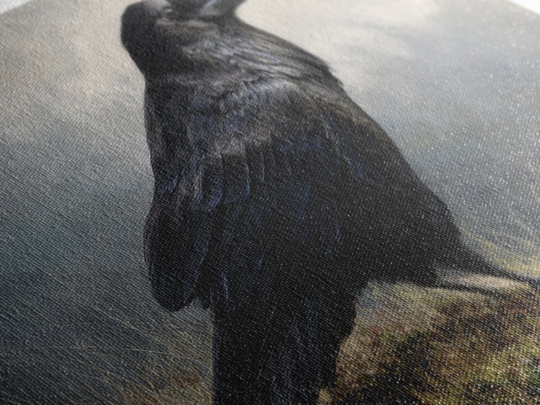 Raven Silhouette with Gothic Atmosphere Framed Canvas Print, Bird Art, Nature Wall Art, Living Room Decor, Fine Art, Flight, BIR-3x2-85