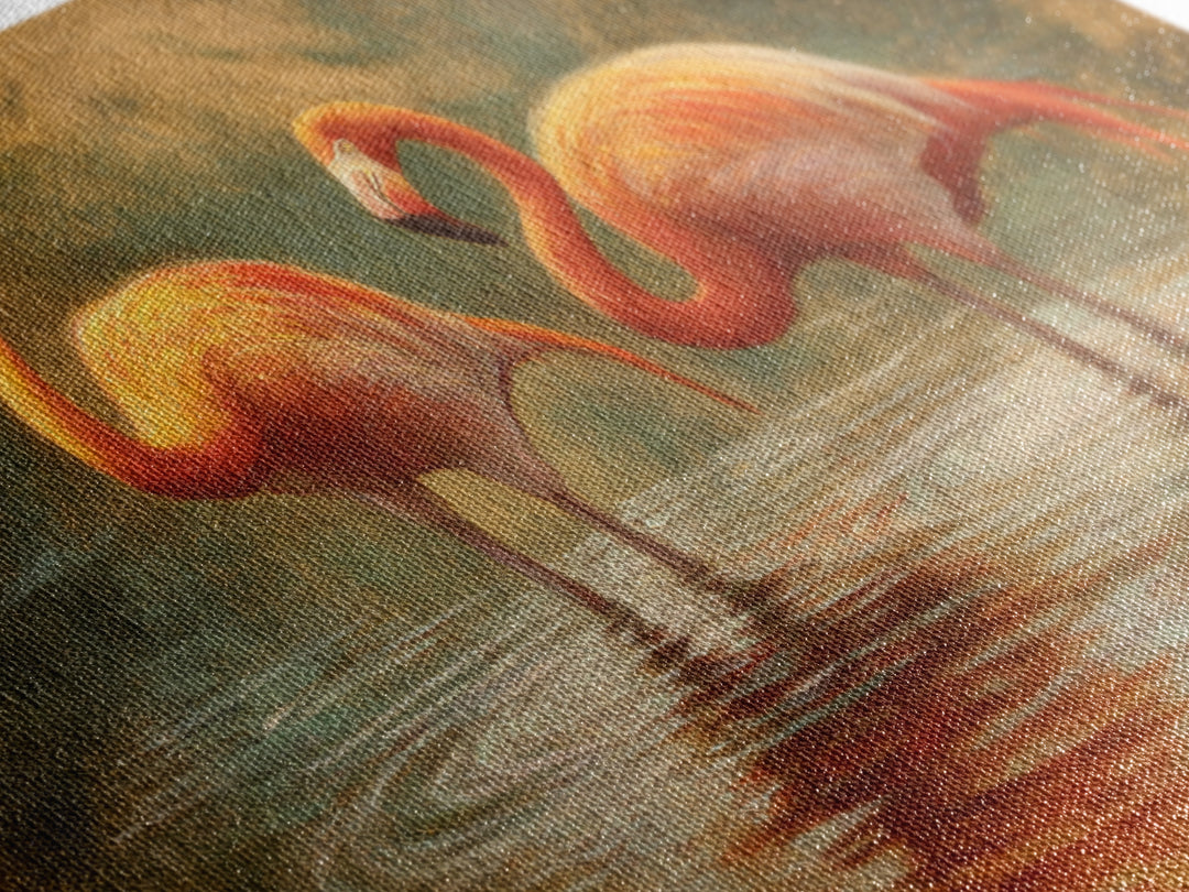 Flamingo Pair in Coral Water Reflections Framed Canvas Print, Bird Art, Gallery Wall, Living Room Decor, Fine Art, Flight, BIR-3x2-86
