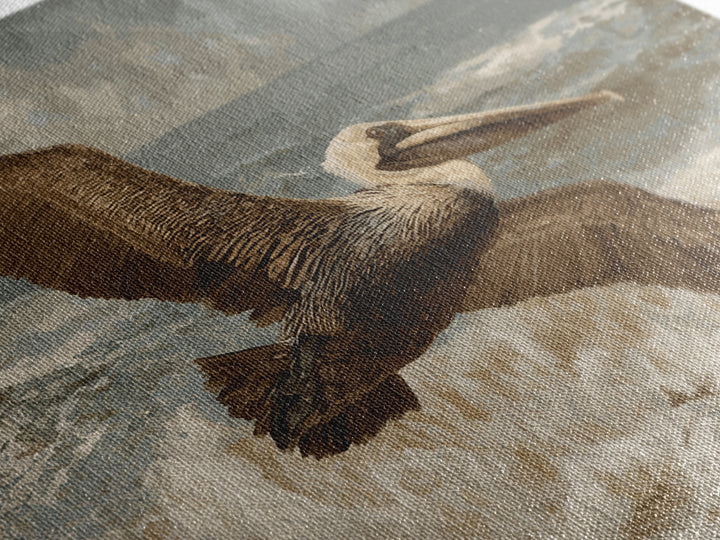 Pelican Flying over Coastal Waves Canvas Print, Bird Art, Bird Prints, Living Room Decor, Abstract Art, Flight, Modern Decor, BIR-3x2-94