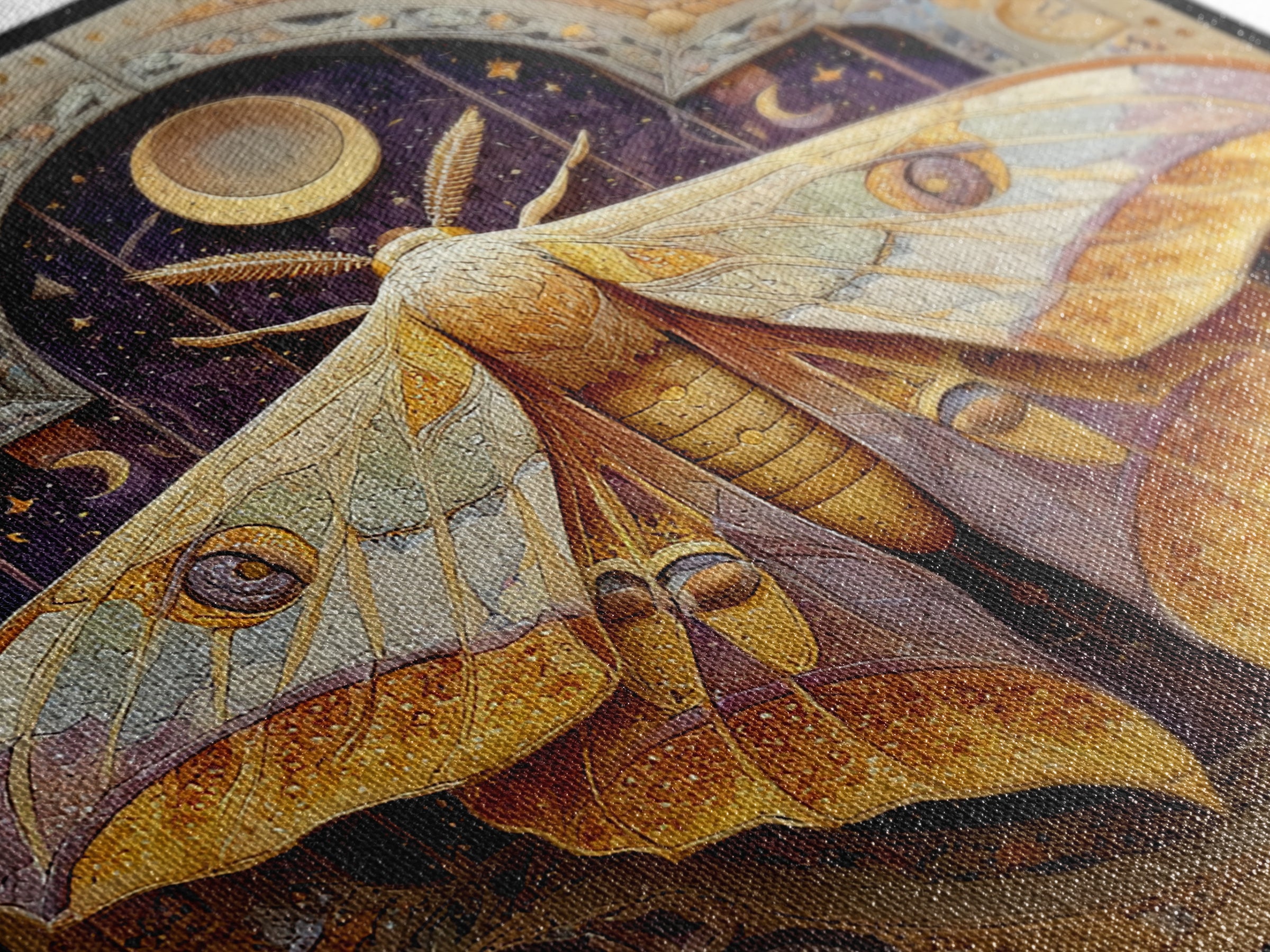 Golden Moth with Moon and Stars Canvas Print, Boho Art, Luxury Decor, Living Room Decor, Fine Art, Bohemian, Digital Art, BOH-1x1-17