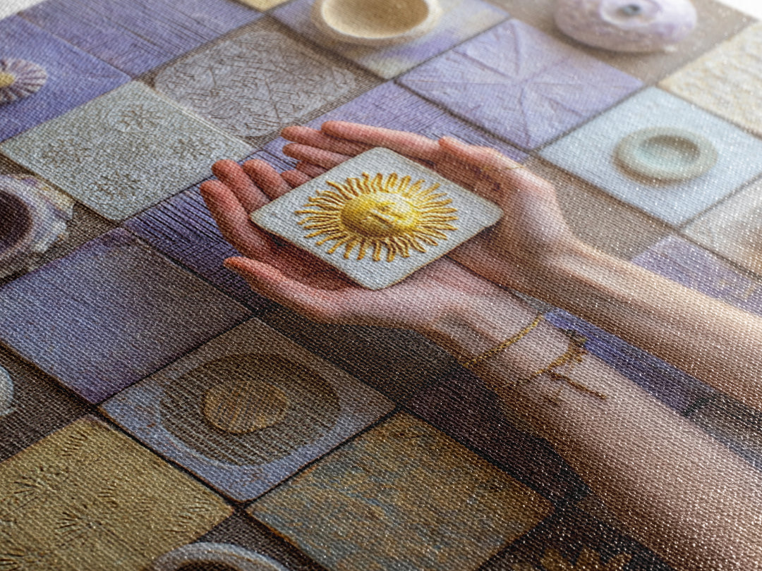 Mystic Hand Holding a Tiny Sun Canvas Print, Boho Art, Modern Decor, Living Room Decor, Oil Painting, Bohemian, Wall Decor, BOH-1x1-30