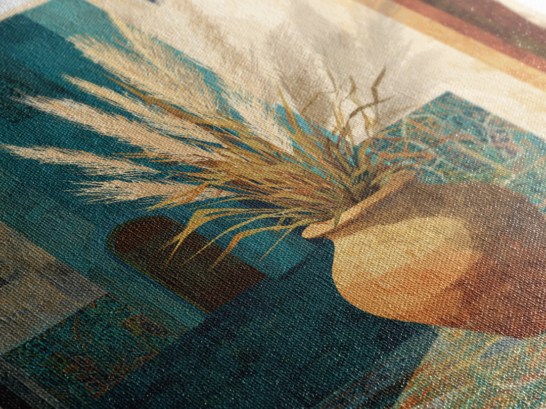 Bohemian Vase with Dried Pampas Grass Framed Canvas Print, Boho Art, Prints, Living Room Decor, Abstract Art, Bohemian, BOH-1x1-57