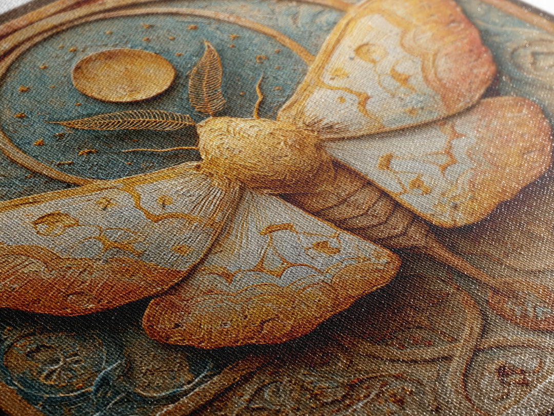 Golden Moth with Moon and Stars Framed Canvas Print, Boho Art, Wall Art, Living Room Decor, Fine Art, Bohemian, Art Deco, BOH-1x1-65