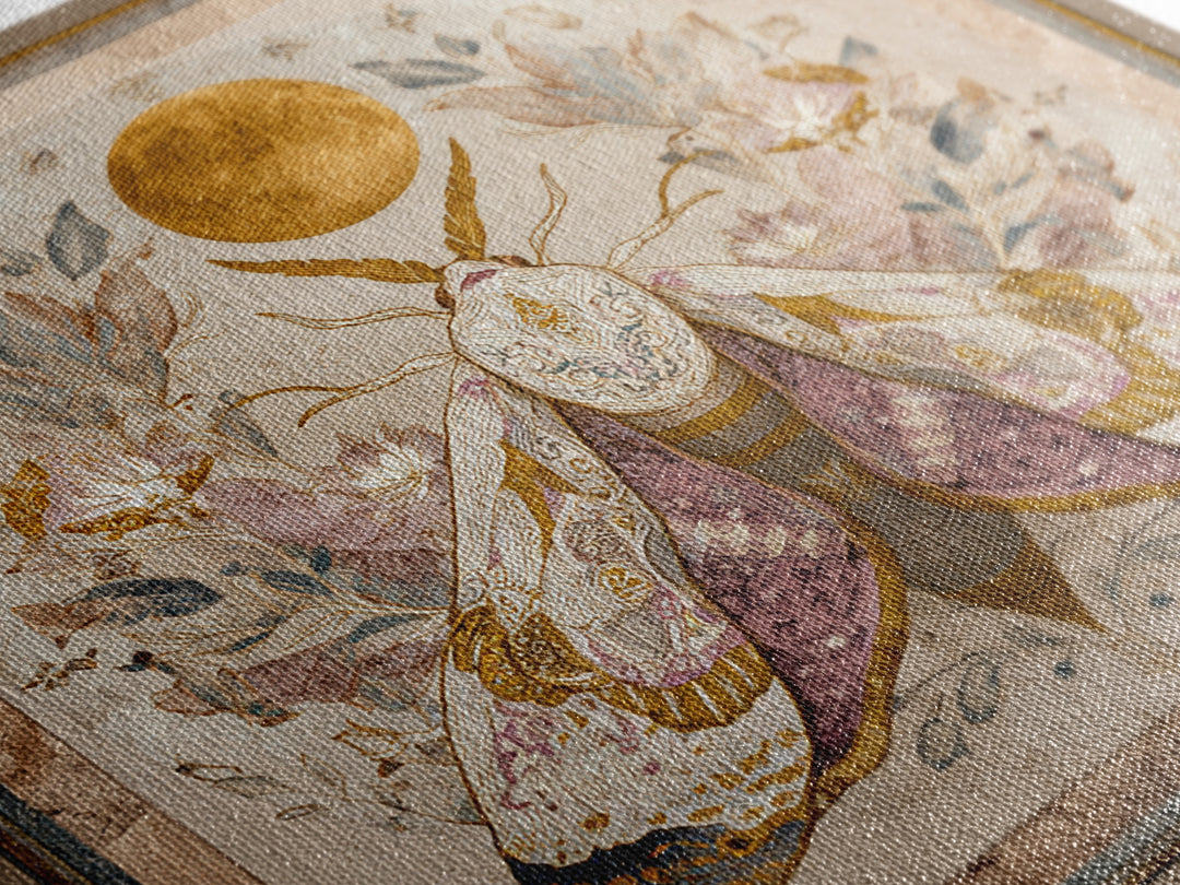 Golden Moth with Moon and Stars Canvas Print, Boho Art, Art Print, Living Room Decor, Fine Art, Bohemian, Digital Print, BOH-1x1-89