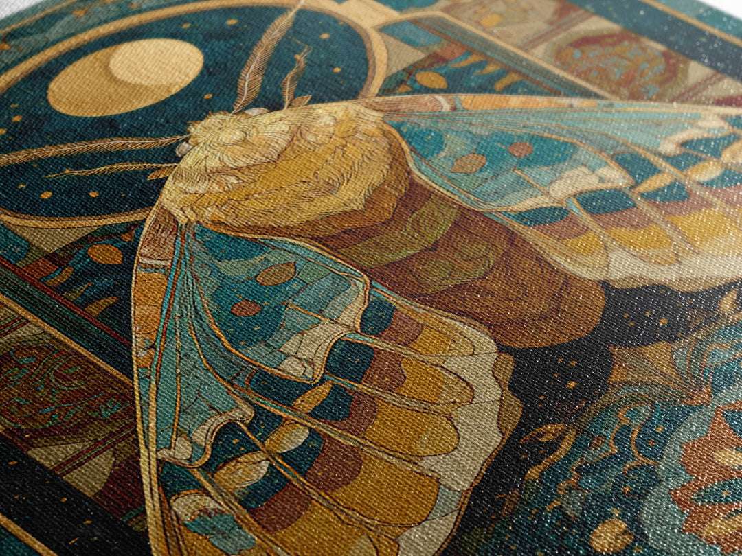 Golden Moth with Moon and Stars Framed Canvas Print, Boho Art, Art Nouveau, Living Room Decor, Fine Art, Bohemian, Wall Print, BOH-2x3-1