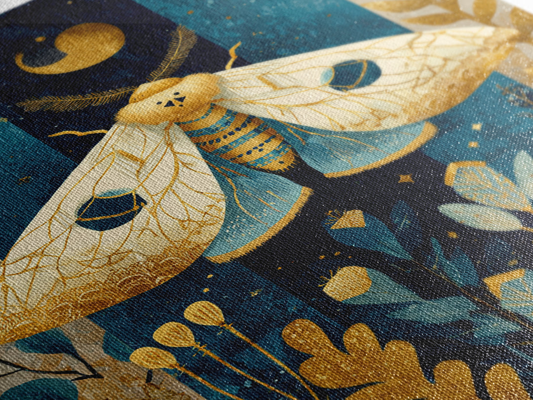 Golden Moth with Moon and Stars Framed Canvas Print, Boho Art, Living Room Wall Art, Living Room Decor, Fine Art, Bohemian, BOH-2x3-73