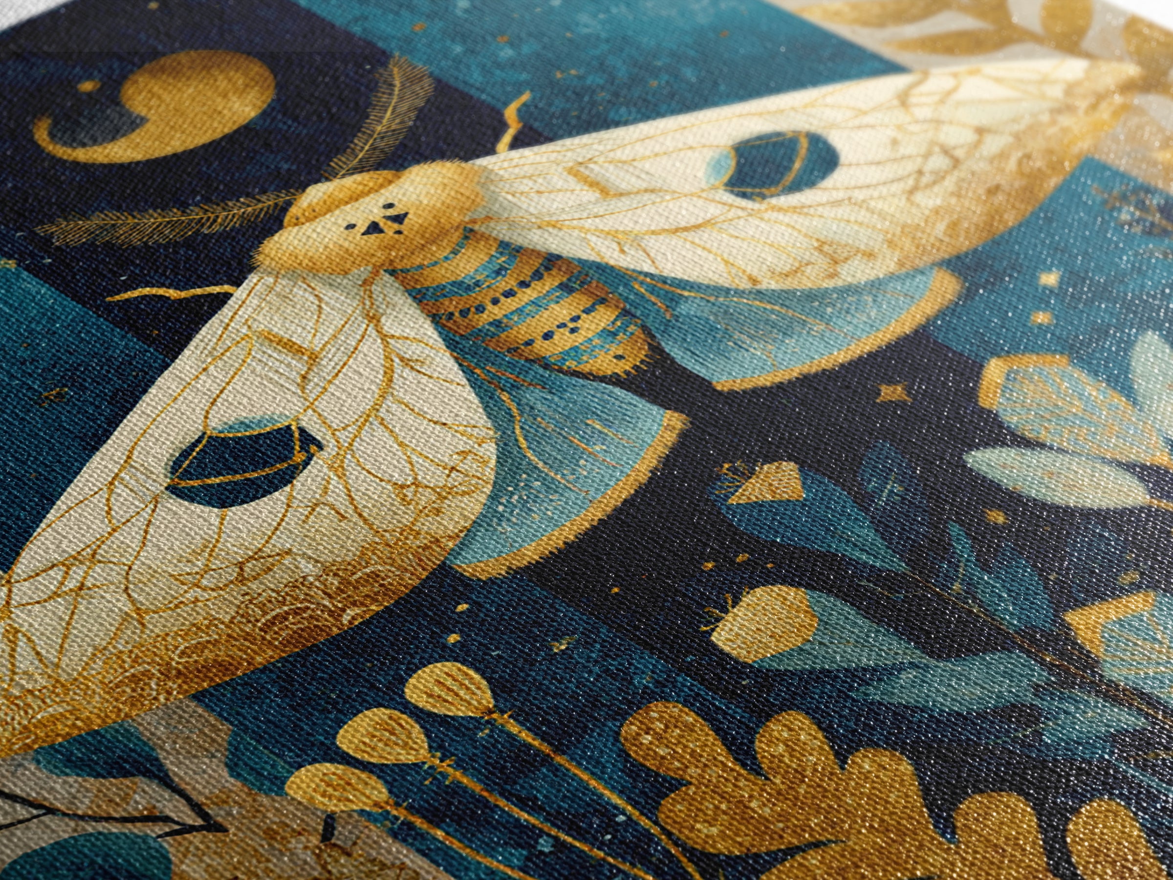 Golden Moth with Moon and Stars Framed Canvas Print, Boho Art, Living Room Wall Art, Living Room Decor, Fine Art, Bohemian, BOH-2x3-73