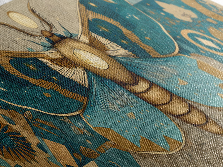 Golden Moth with Moon and Stars Framed Canvas Print, Boho Art, Statement Artwork, Living Room Decor, Fine Art, Bohemian, BOH-3x1-57