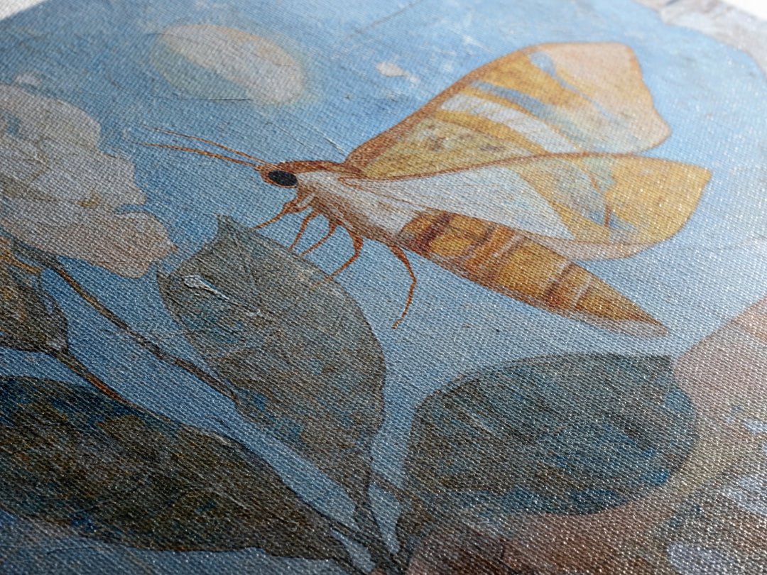 Golden Moth with Moon and Stars Framed Canvas Print, Boho Art, Textured Painting, Living Room Decor, Fine Art, Bohemian, BOH-3x2-69