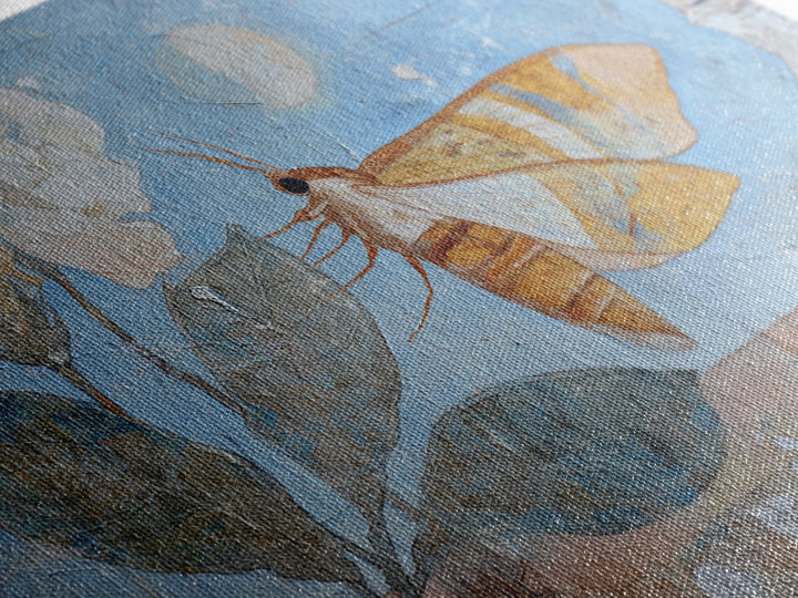 Golden Moth with Moon and Stars Framed Canvas Print, Boho Art, Textured Painting, Living Room Decor, Fine Art, Bohemian, BOH-3x2-69