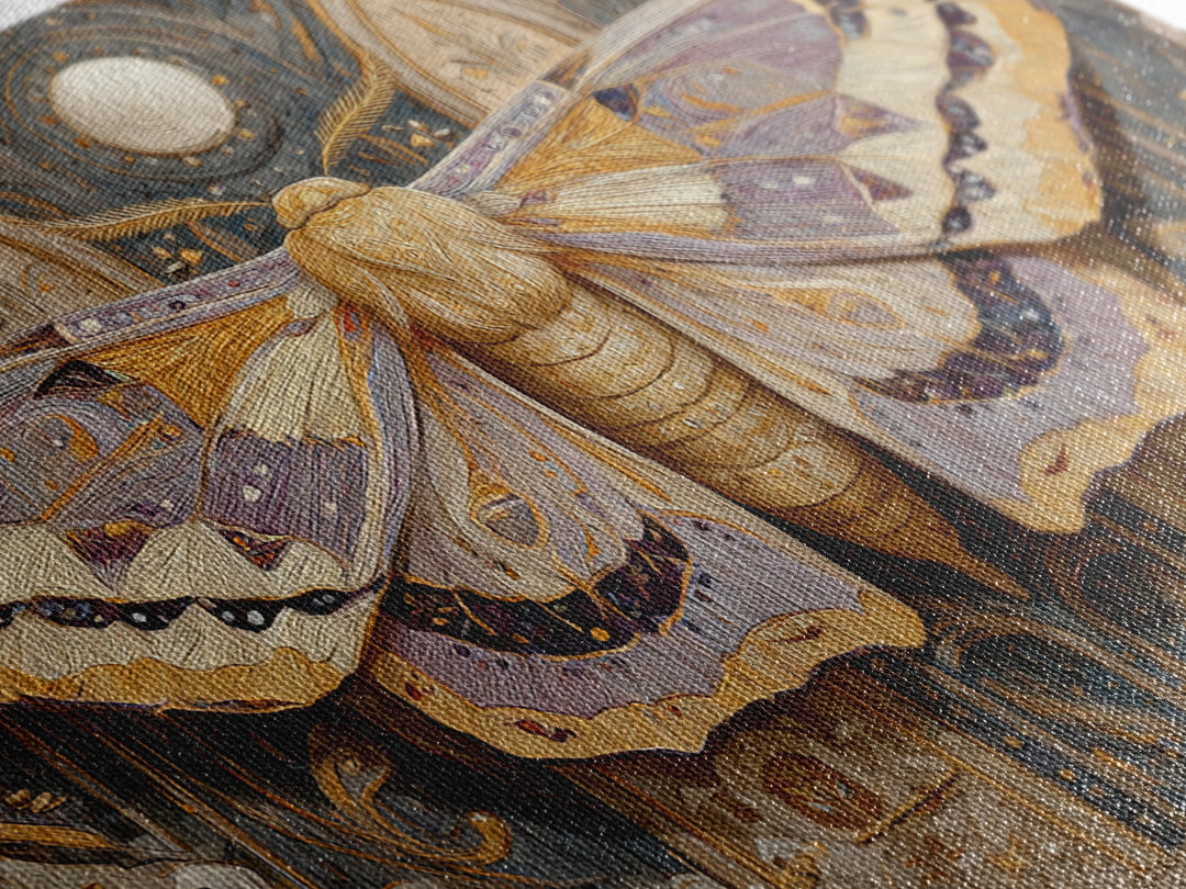 Golden Moth with Moon and Stars Canvas Print, Boho Art, Art, Living Room Decor, Fine Art, Bohemian, Wallart, Art Nouveau, BOH-3x2-93