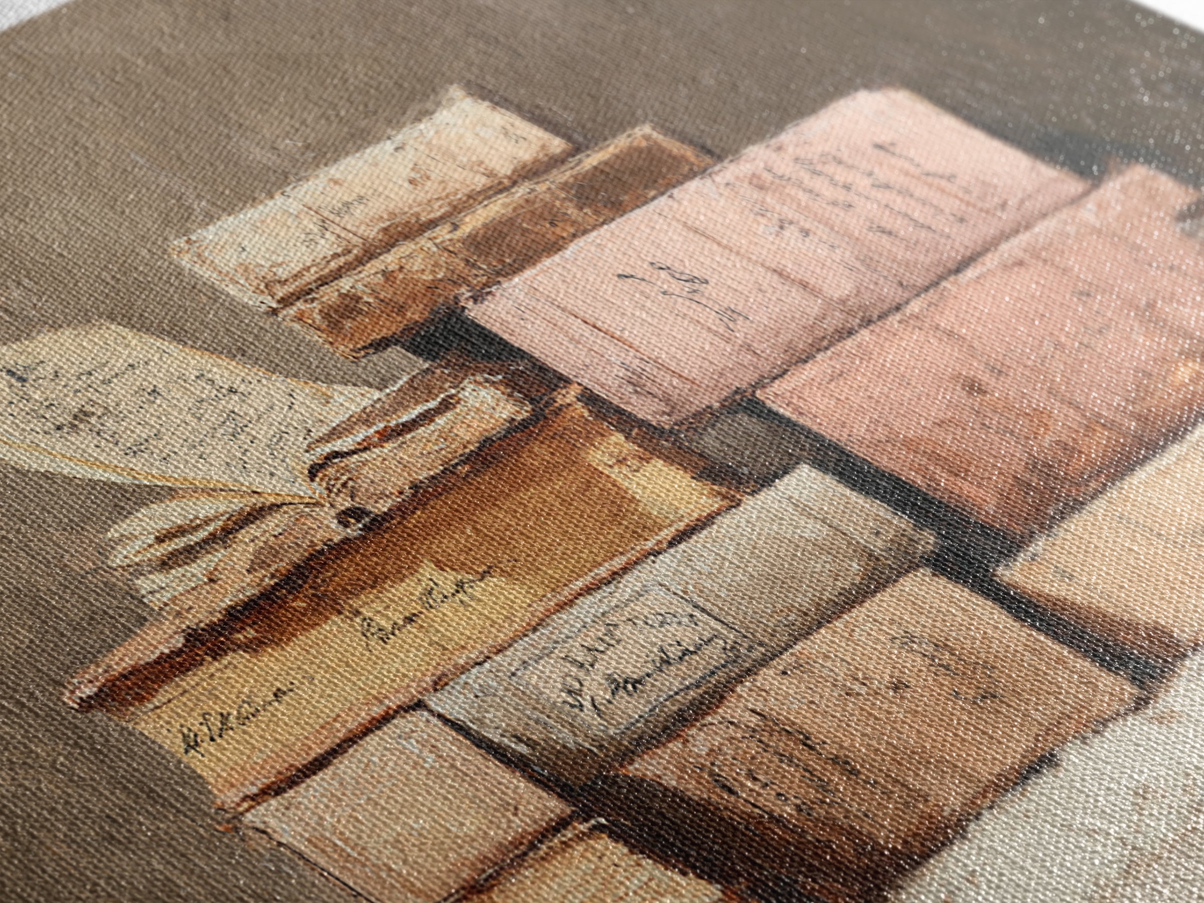 Warm Sepia Book Pile Framed Canvas Print, Bookstore Art, Book Art, Bookstore Decor, Oil Painting, Literary, Feminine Wall Art, BOO-2x1-92