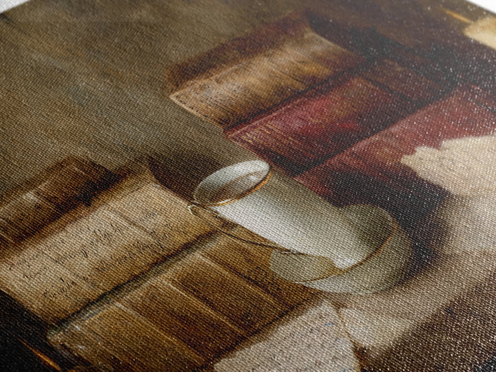 Teacup Beside a Worn Leather Bound Book Framed Canvas Print, Bookstore Art, Home Decor, Bookstore Decor, Fine Art, Literary, BOO-3x1-72