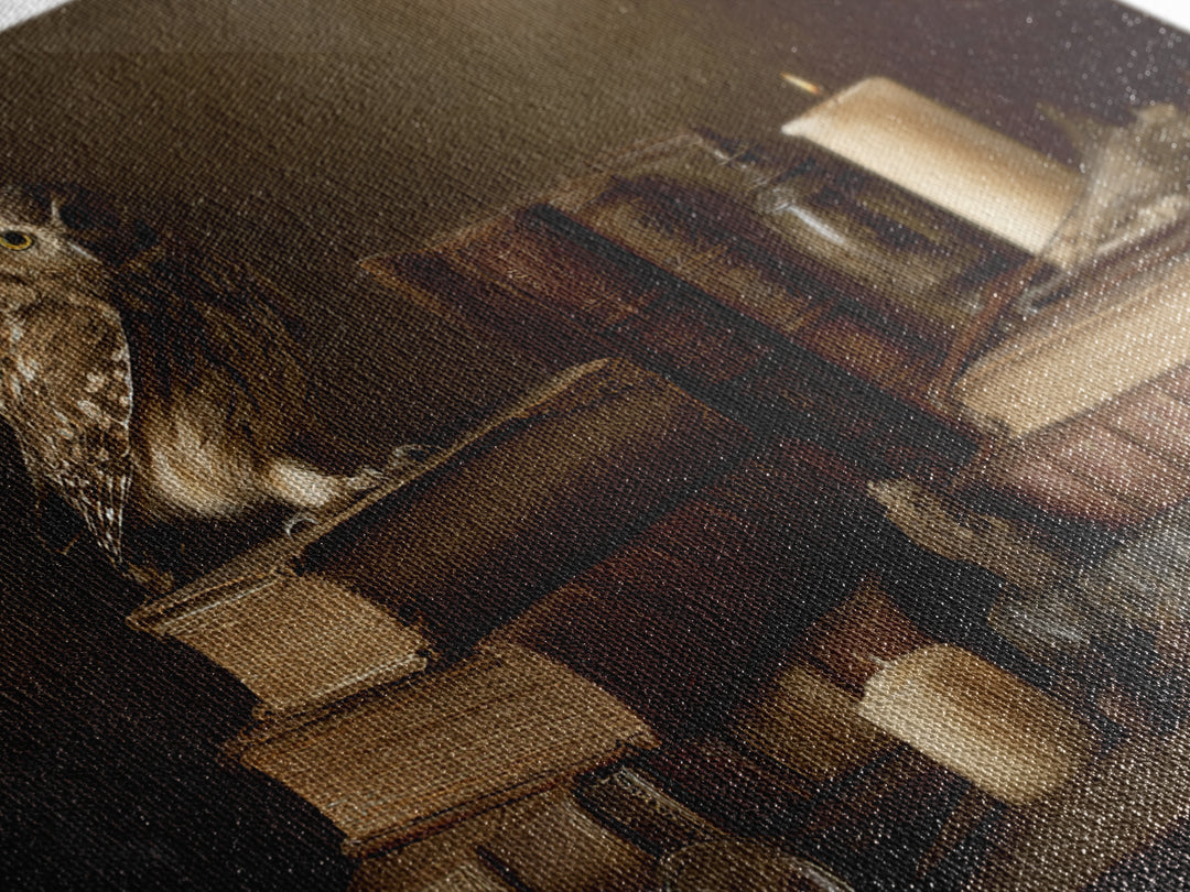 Owl Perched on a Stack of Classics Canvas Print, Bookstore Art, Book Wall Art, Bookstore Decor, Oil Painting, Literary, BOO-3x2-37