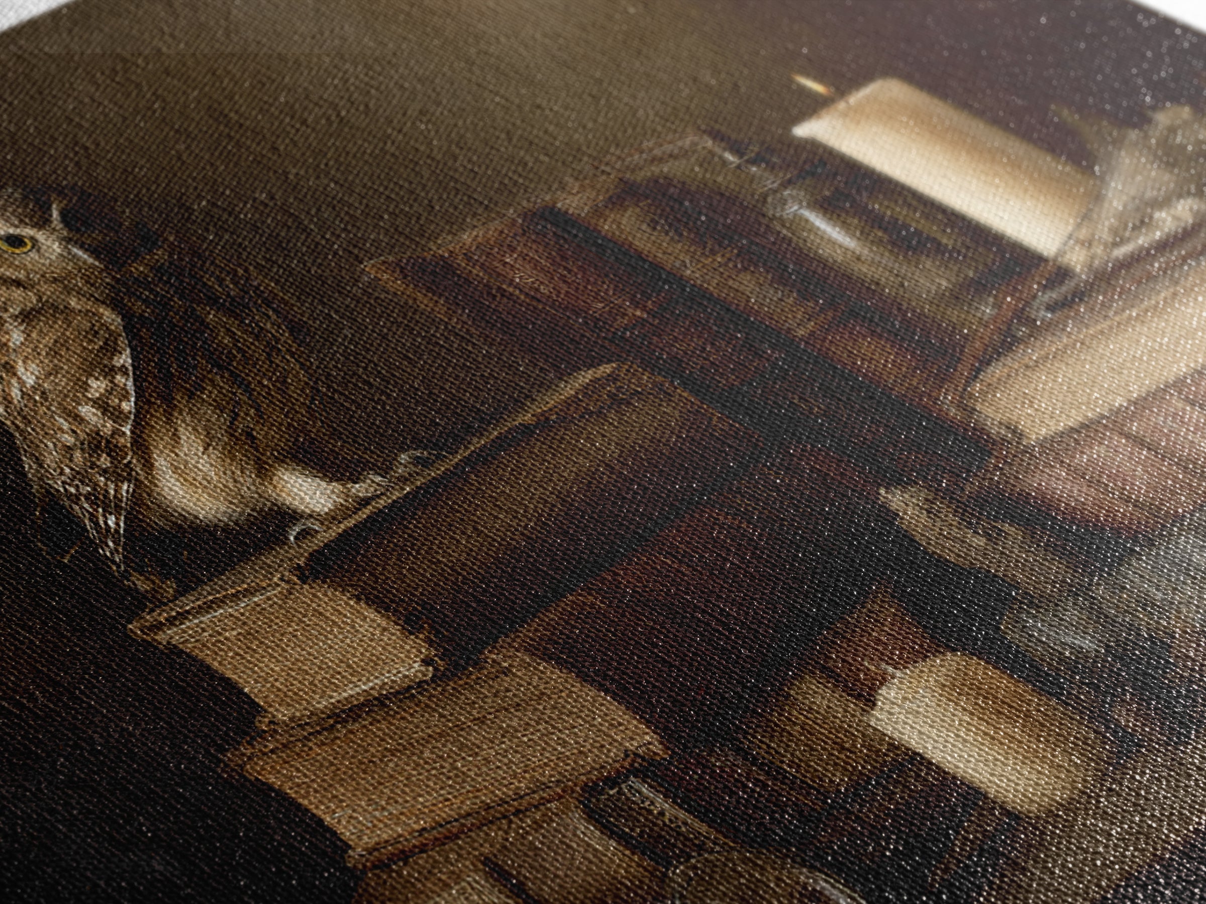 Owl Perched on a Stack of Classics Canvas Print, Bookstore Art, Book Wall Art, Bookstore Decor, Oil Painting, Literary, BOO-3x2-37